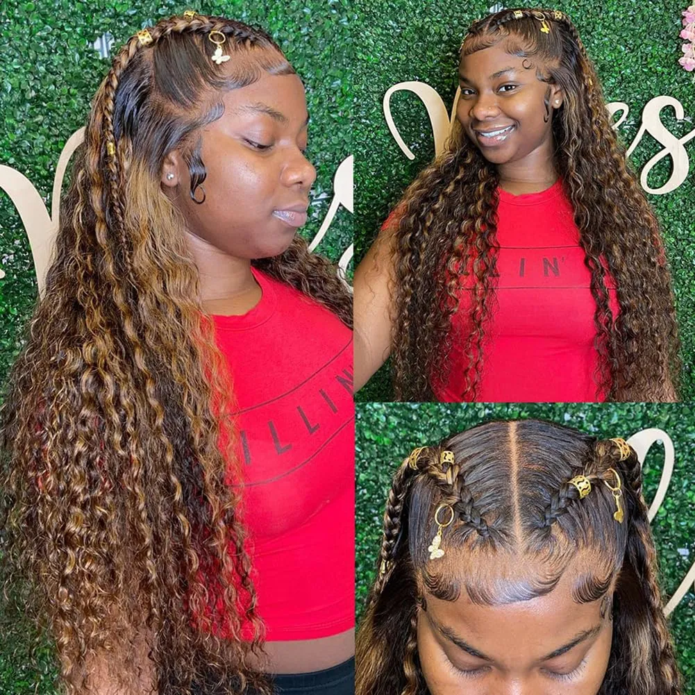 24 Inch Deep Wave P4/27 Highlight 13x6 HD Transparent Lace Front Wigs Ombre Human Hair Wet and Wavy Curly Lace Frontal Wigs for Women Human Hair Wigs Pre Plucked with Baby Hair