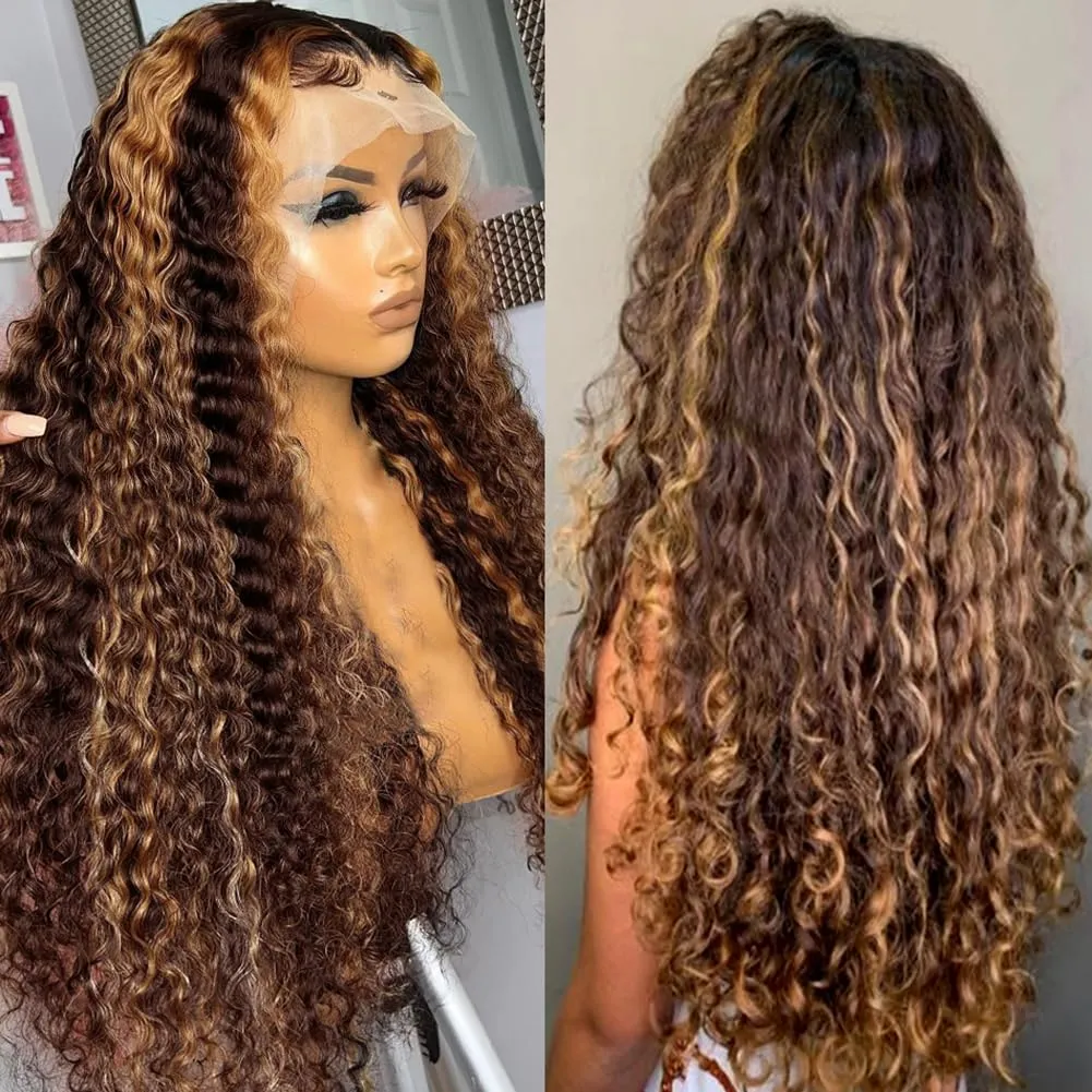 24 Inch Deep Wave P4/27 Highlight 13x6 HD Transparent Lace Front Wigs Ombre Human Hair Wet and Wavy Curly Lace Frontal Wigs for Women Human Hair Wigs Pre Plucked with Baby Hair