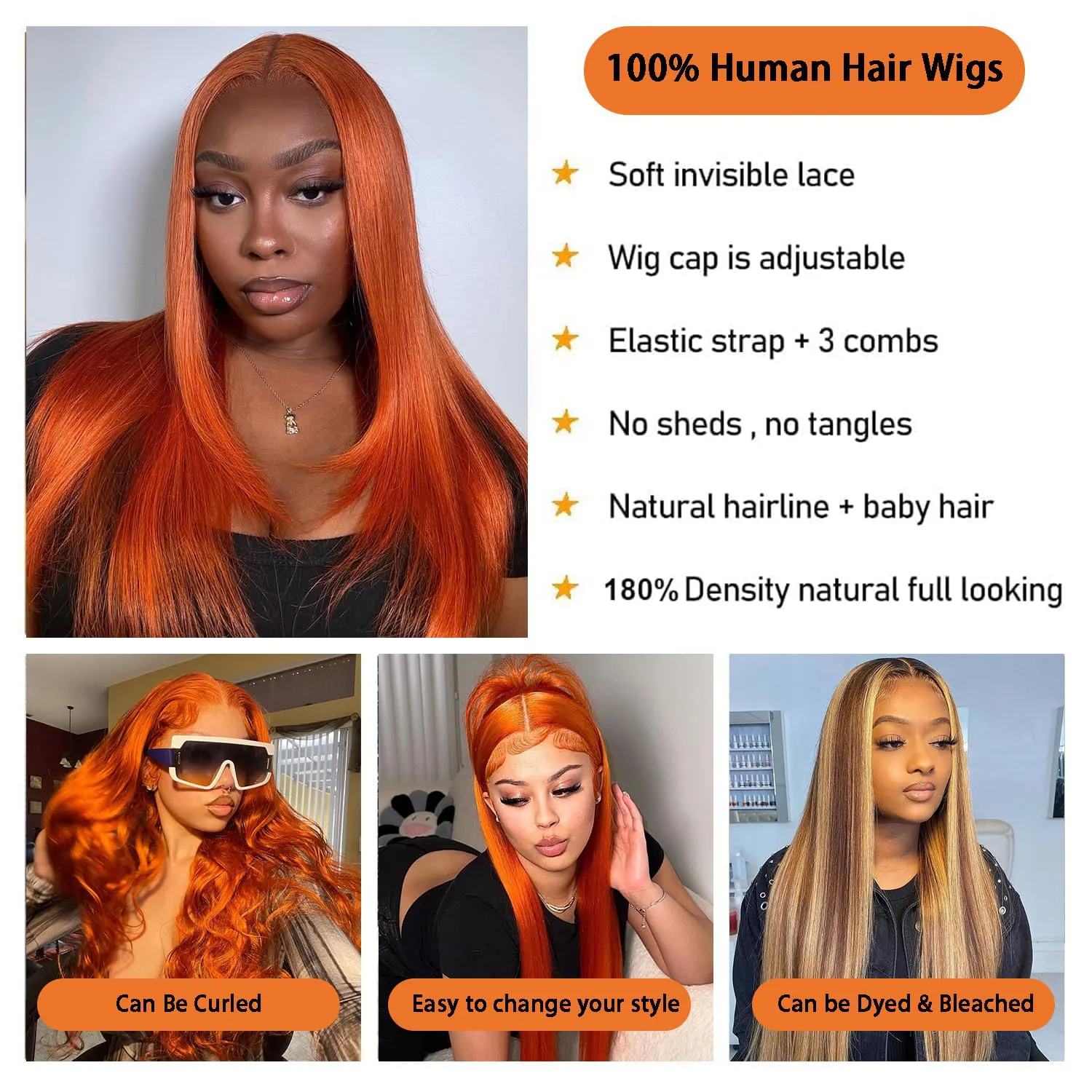 26Inch Ginger Lace Front Wigs Human Hair 180% Density 13x4 Straight Lace Front Wigs Human Hair Pre Plucked 350# Colored Wig Ginger Wig Human Hair with Natural Hairlin Ginger Orange Wigs for Women