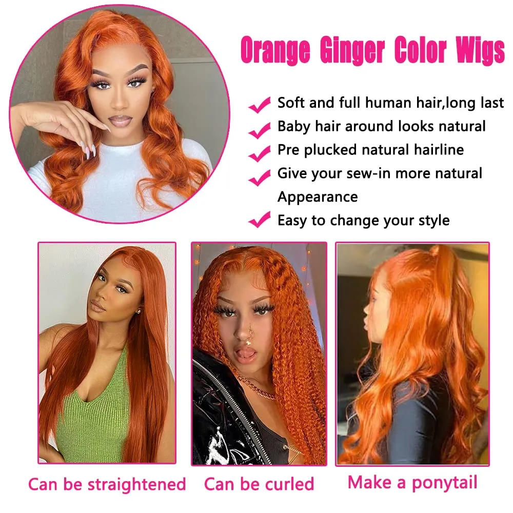 26Inch Ginger Lace Front Wigs Human Hair Pre Plucked 13x4 Body Wave Lace Frontal Wig 350# Colored Wigs Human Hair Ginger Wig Human Hair Orange Wigs for Women Natural Hairline 180% Density