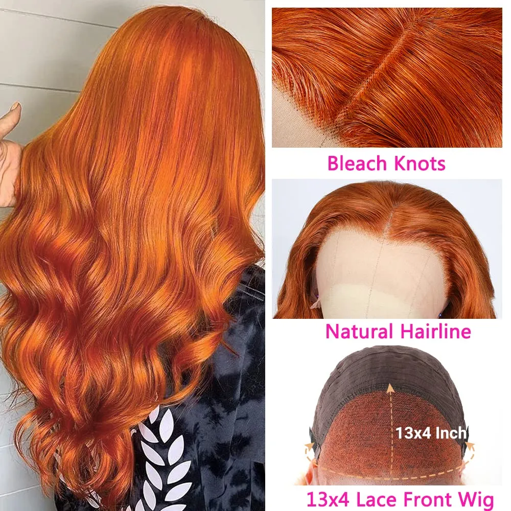 26Inch Ginger Lace Front Wigs Human Hair Pre Plucked 13x4 Body Wave Lace Frontal Wig 350# Colored Wigs Human Hair Ginger Wig Human Hair Orange Wigs for Women Natural Hairline 180% Density