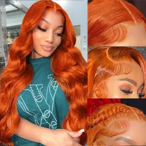 26Inch Ginger Lace Front Wigs Human Hair Pre Plucked 13x4 Body Wave Lace Frontal Wig 350# Colored Wigs Human Hair Ginger Wig Human Hair Orange Wigs for Women Natural Hairline 180% Density