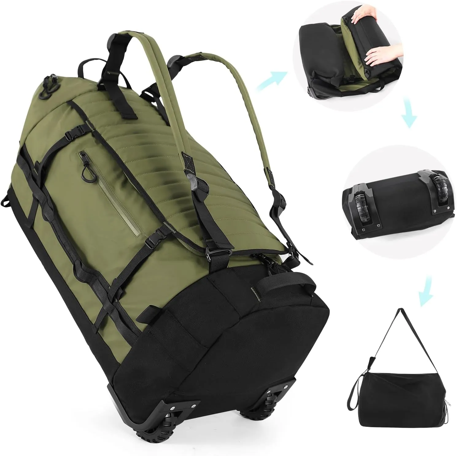 29" 86L Foldable Wheeled Duffle Bag, Waterproof Travel Rolling Backpack with Quilted Bottom, Army Green