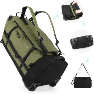 29" 86L Foldable Wheeled Duffle Bag, Waterproof Travel Rolling Backpack with Quilted Bottom, Army Green