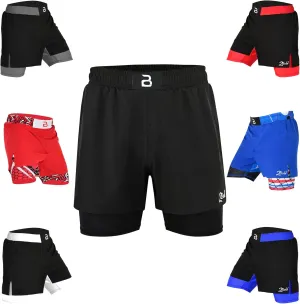 2BOLD MMA Shorts Men’s 2 in 1 Jiu-Jitsu Built in Compression Lining Athletic Gym Boxing Muay Thai BJJ No-Gi Grappling Shorts