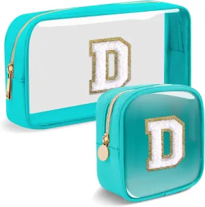 2pcs Personalized Initial Letter Clear Makeup Bag | Waterproof Nylon Preppy Cosmetic Bag | Travel Toiletry Bag | Monogrammed Gifts for Women Girl | Wedding Bridal Shower Gifts for Bridesmaids(Blue D)