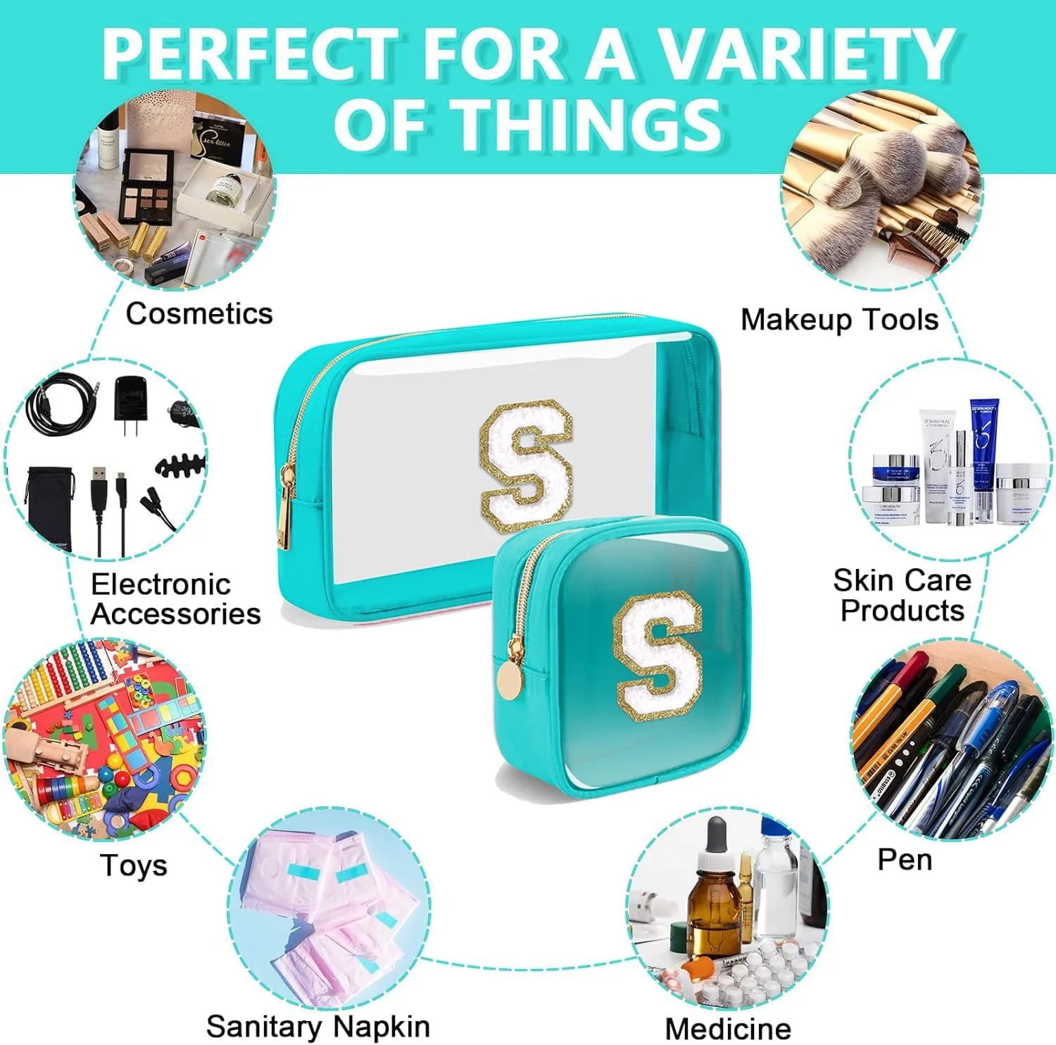 2pcs Personalized Initial Letter Clear Makeup Bag | Waterproof Nylon Preppy Cosmetic Bag | Travel Toiletry Bag | Monogrammed Gifts for Women Girl | Wedding Bridal Shower Gifts for Bridesmaids(Blue D)