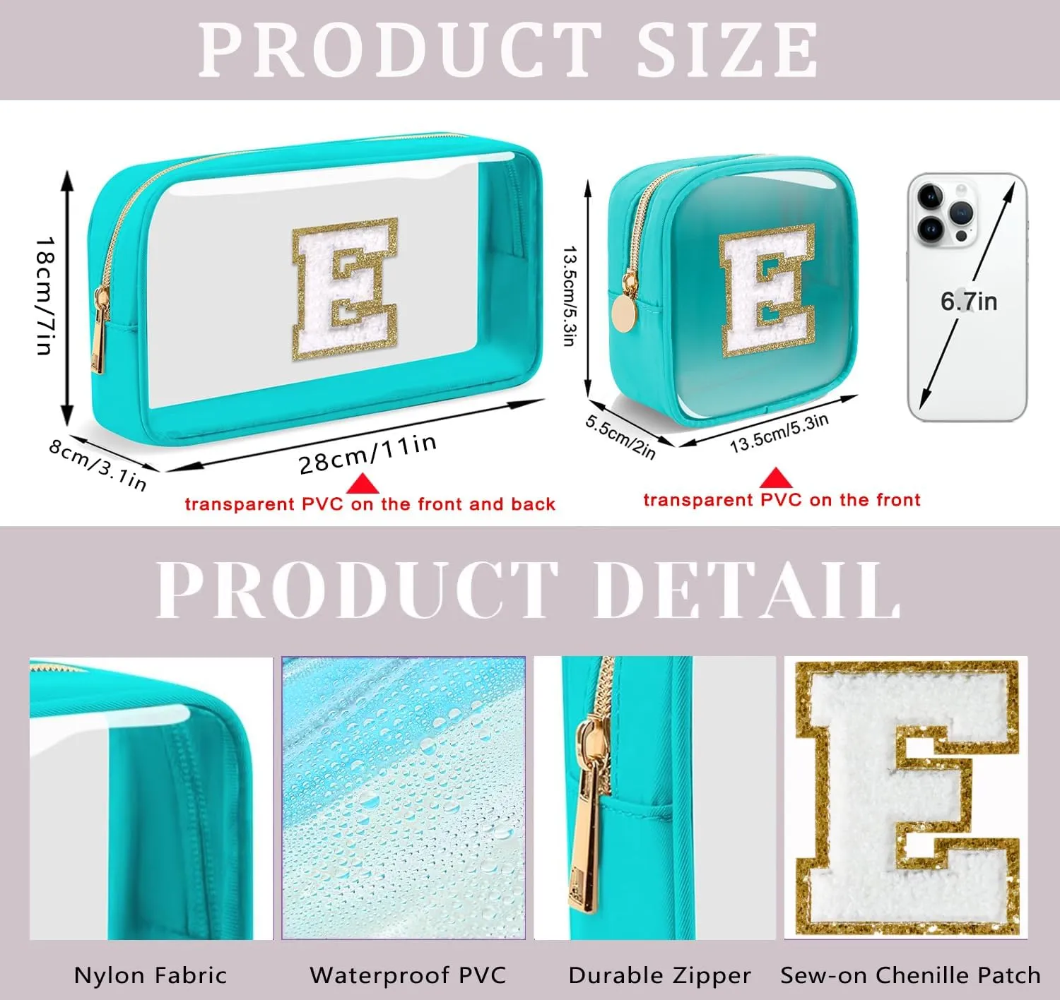 2pcs Personalized Initial Letter Clear Makeup Bag | Waterproof Nylon Preppy Cosmetic Bag | Travel Toiletry Bag | Monogrammed Gifts for Women Girl | Wedding Bridal Shower Gifts for Bridesmaids(Blue D)