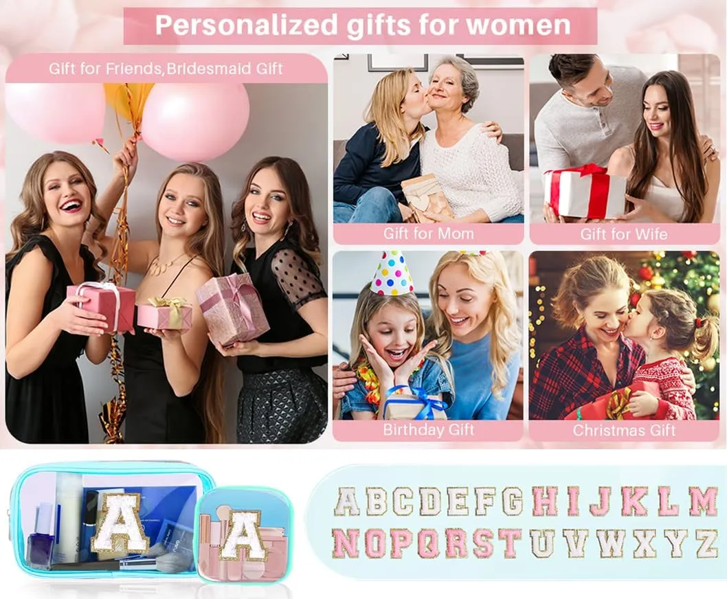 2pcs Personalized Initial Letter Clear Makeup Bag | Waterproof Nylon Preppy Cosmetic Bag | Travel Toiletry Bag | Monogrammed Gifts for Women Girl | Wedding Bridal Shower Gifts for Bridesmaids(Blue D)