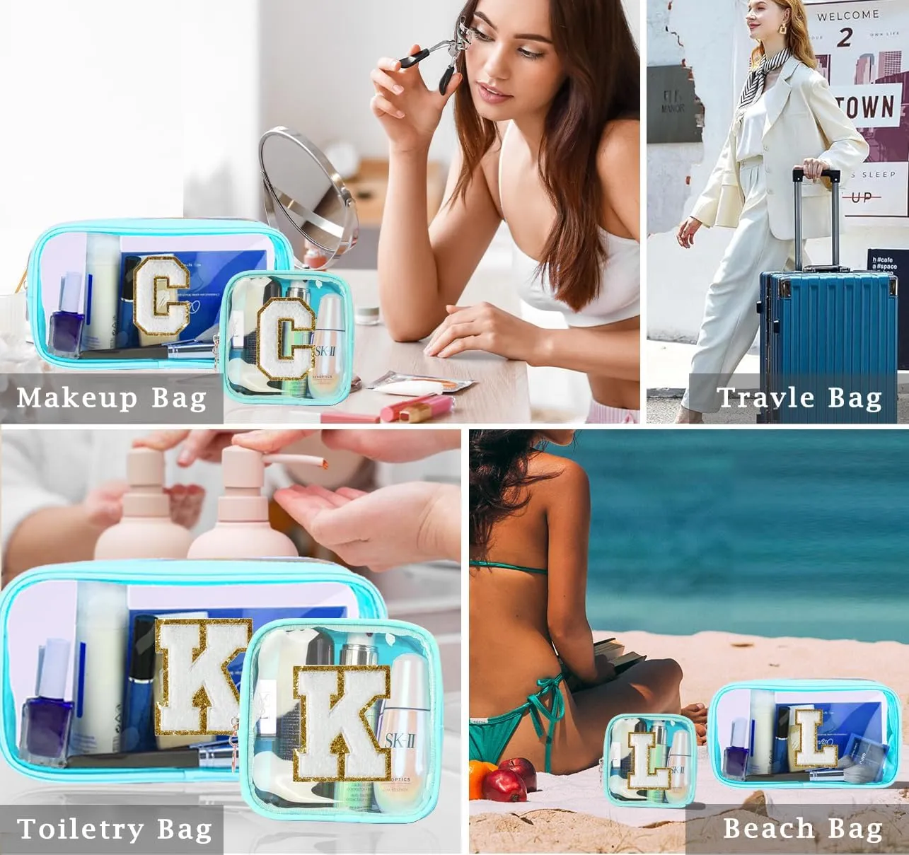 2pcs Personalized Initial Letter Clear Makeup Bag | Waterproof Nylon Preppy Cosmetic Bag | Travel Toiletry Bag | Monogrammed Gifts for Women Girl | Wedding Bridal Shower Gifts for Bridesmaids(Blue D)