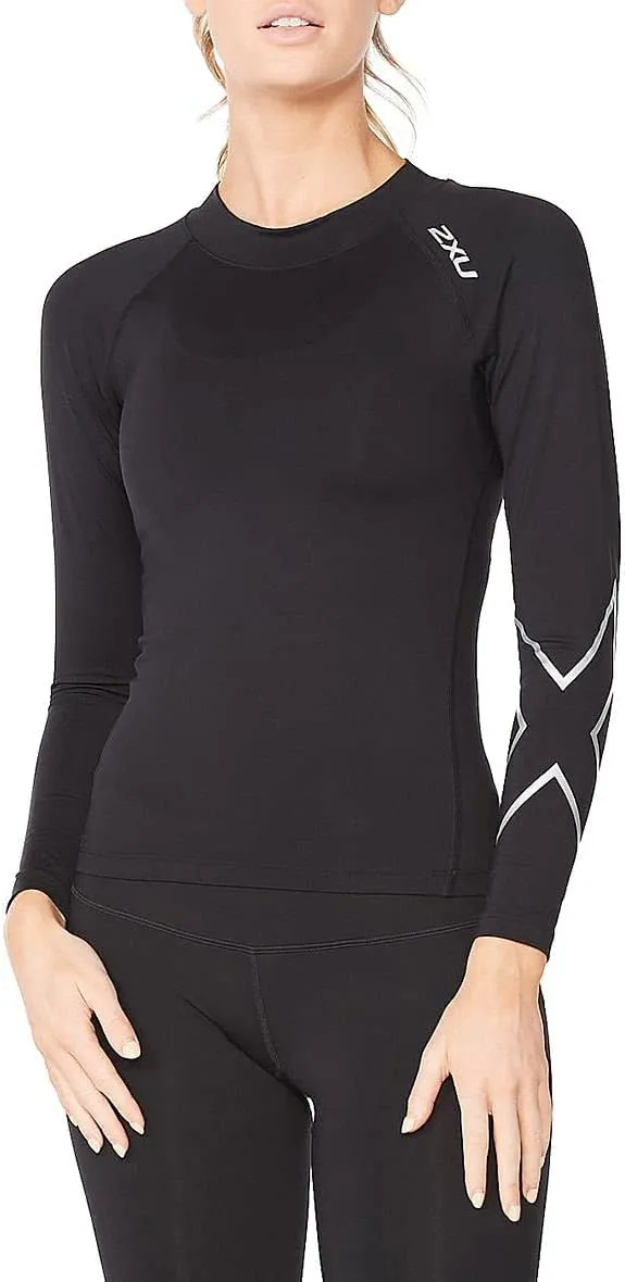 2XU Womens Ignition Compression Long Sleeve Shirt for Training and Fitness, Black/Silver