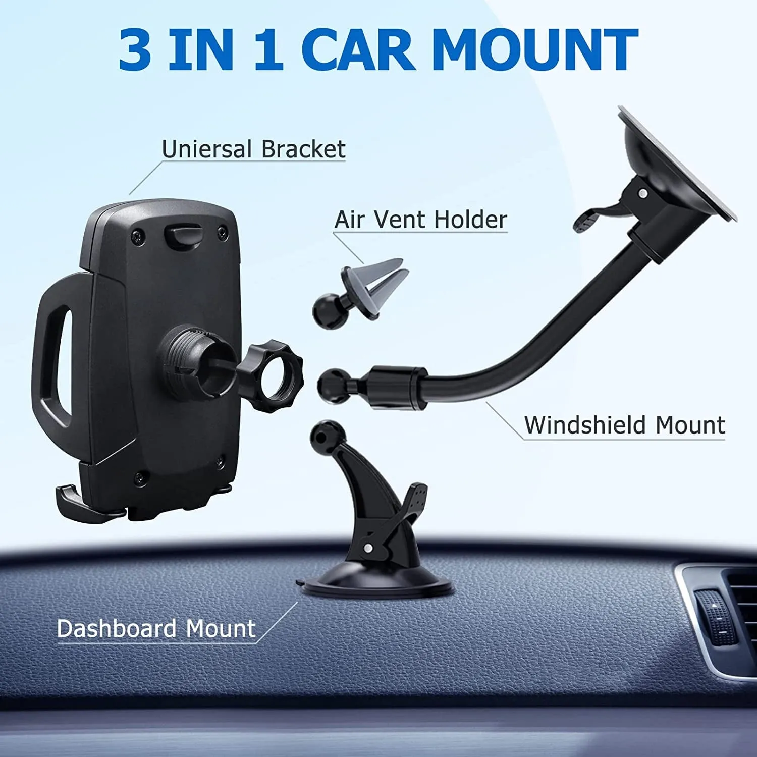 3 in 1 Car Phone Holder Mount | Car Air Vent Holder & Dashboard Mount & Windshield Mount | Phone Mount for Car | Universal For All Smartphones & Tablets | iPhone 12 11 X XR 7/7 Plus, Samsung Galaxy S