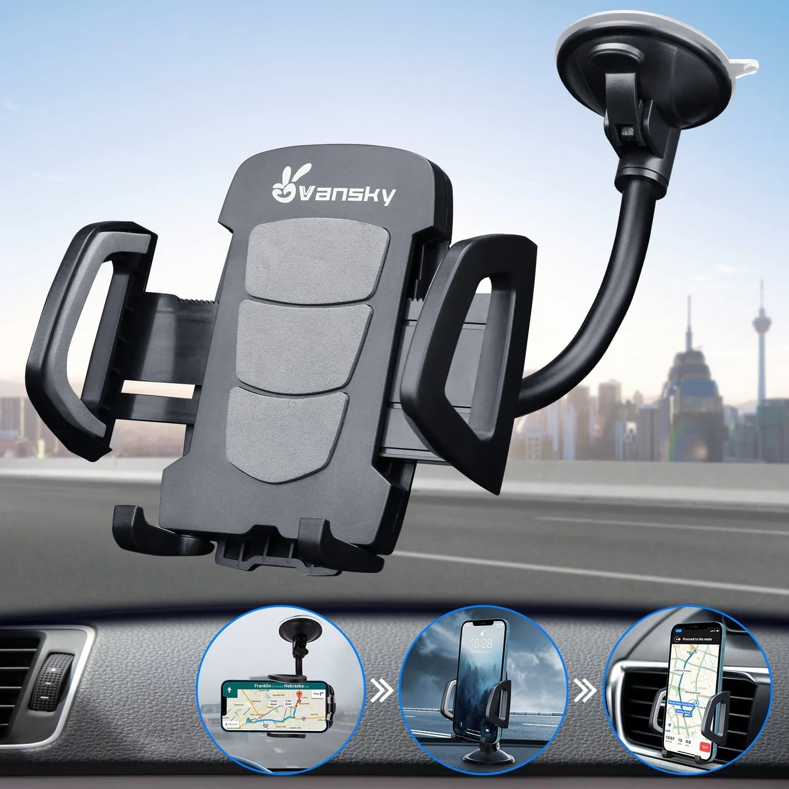 3 in 1 Car Phone Holder Mount | Car Air Vent Holder & Dashboard Mount & Windshield Mount | Phone Mount for Car | Universal For All Smartphones & Tablets | iPhone 12 11 X XR 7/7 Plus, Samsung Galaxy S