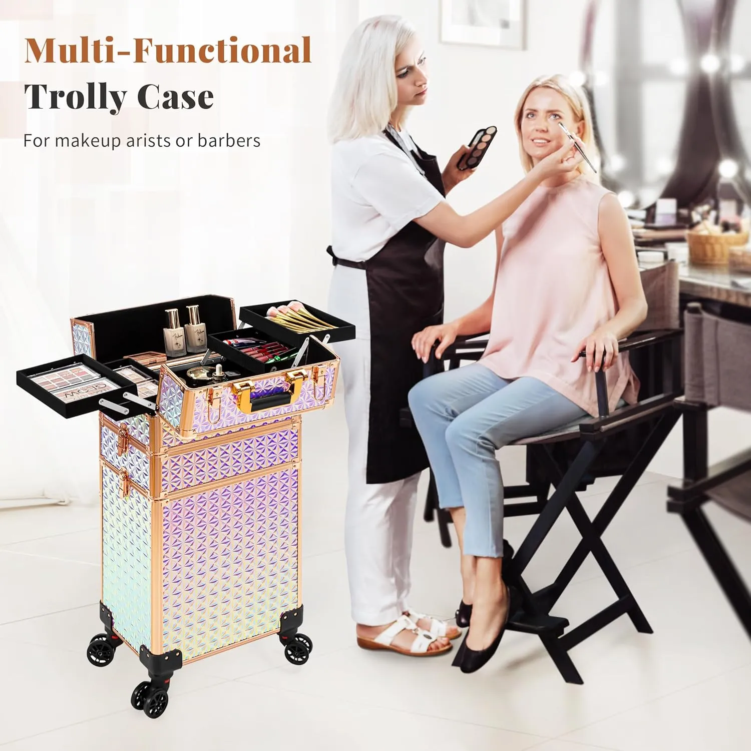 3 in 1 Rolling Makeup Train Case Portable Cosmetic Trolley Large Storage for Professional with 360° Swivel Wheels Salon Barber Case Traveling Cart Trunk, Colorful