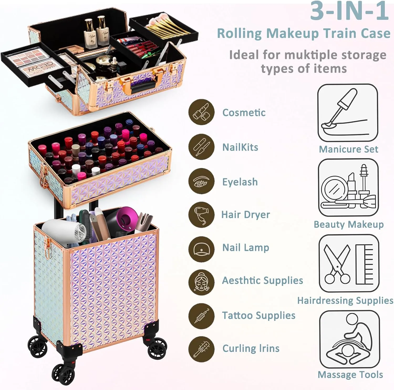 3 in 1 Rolling Makeup Train Case Portable Cosmetic Trolley Large Storage for Professional with 360° Swivel Wheels Salon Barber Case Traveling Cart Trunk, Colorful
