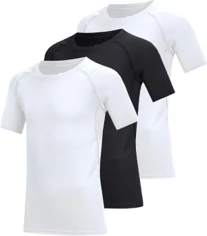 3 Pack Boys Compression Shirt Short Sleeve Youth Athletic Undershirt Kids Quick Dry Athletic Base Layer T-Shirt