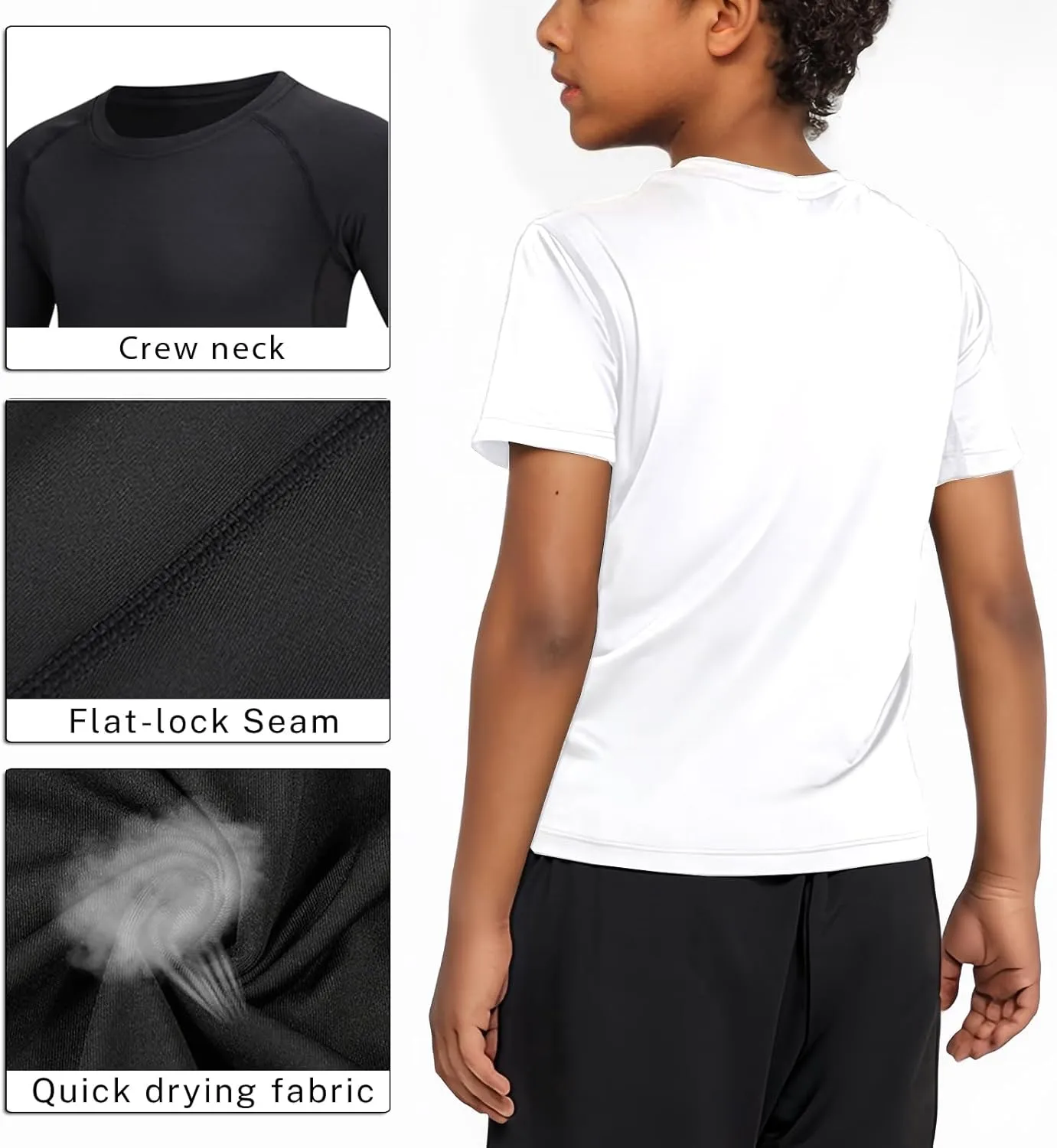 3 Pack Boys Compression Shirt Short Sleeve Youth Athletic Undershirt Kids Quick Dry Athletic Base Layer T-Shirt