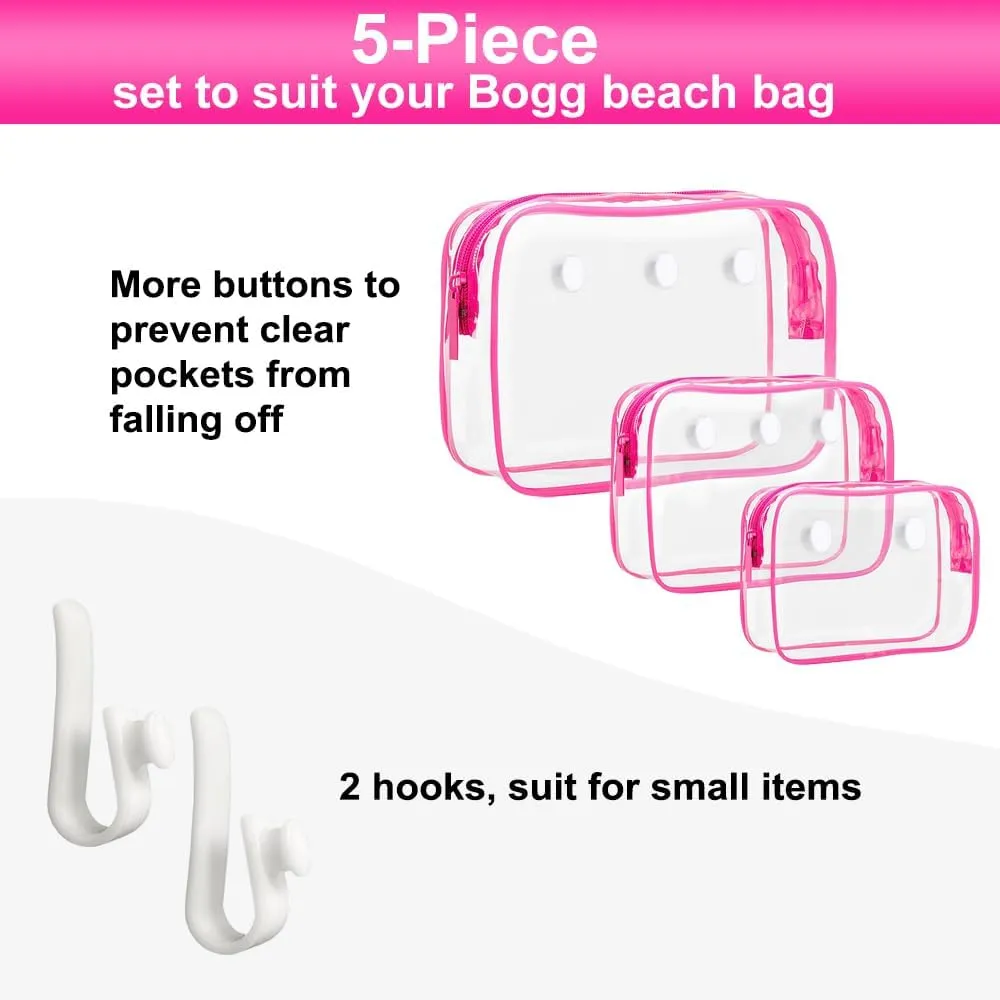 3 Packs Clear Bogg Beach Tote Bag with 2 Pack Insert Hooks Accessories for Bogg Bags Travel Makeup Clean Toiletry Brush Organizer Cosmetic Divider Storage Inner Pouch (Rose Red)