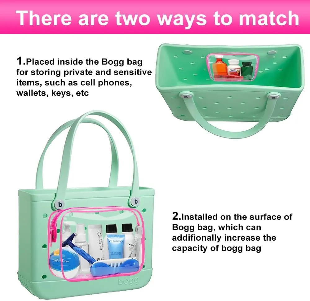 3 Packs Clear Bogg Beach Tote Bag with 2 Pack Insert Hooks Accessories for Bogg Bags Travel Makeup Clean Toiletry Brush Organizer Cosmetic Divider Storage Inner Pouch (Rose Red)