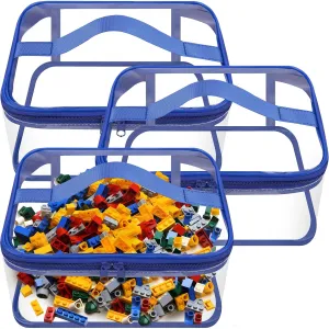 3 Packs Clear Toy Storage Bags- 9.4 x 6.7 x 4.3 Inch Transparent PVC Toy Organizing Bags with Zipper- Waterproof Toy Storage Organizer Pouch for Building Blocks, Small Toys (Blue)