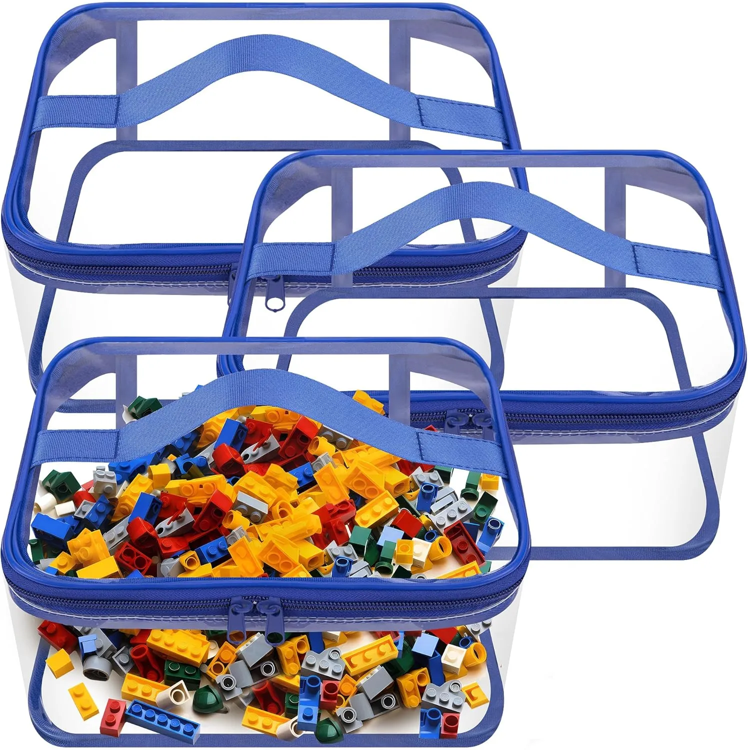 3 Packs Clear Toy Storage Bags- 9.4 x 6.7 x 4.3 Inch Transparent PVC Toy Organizing Bags with Zipper- Waterproof Toy Storage Organizer Pouch for Building Blocks, Small Toys (Blue)