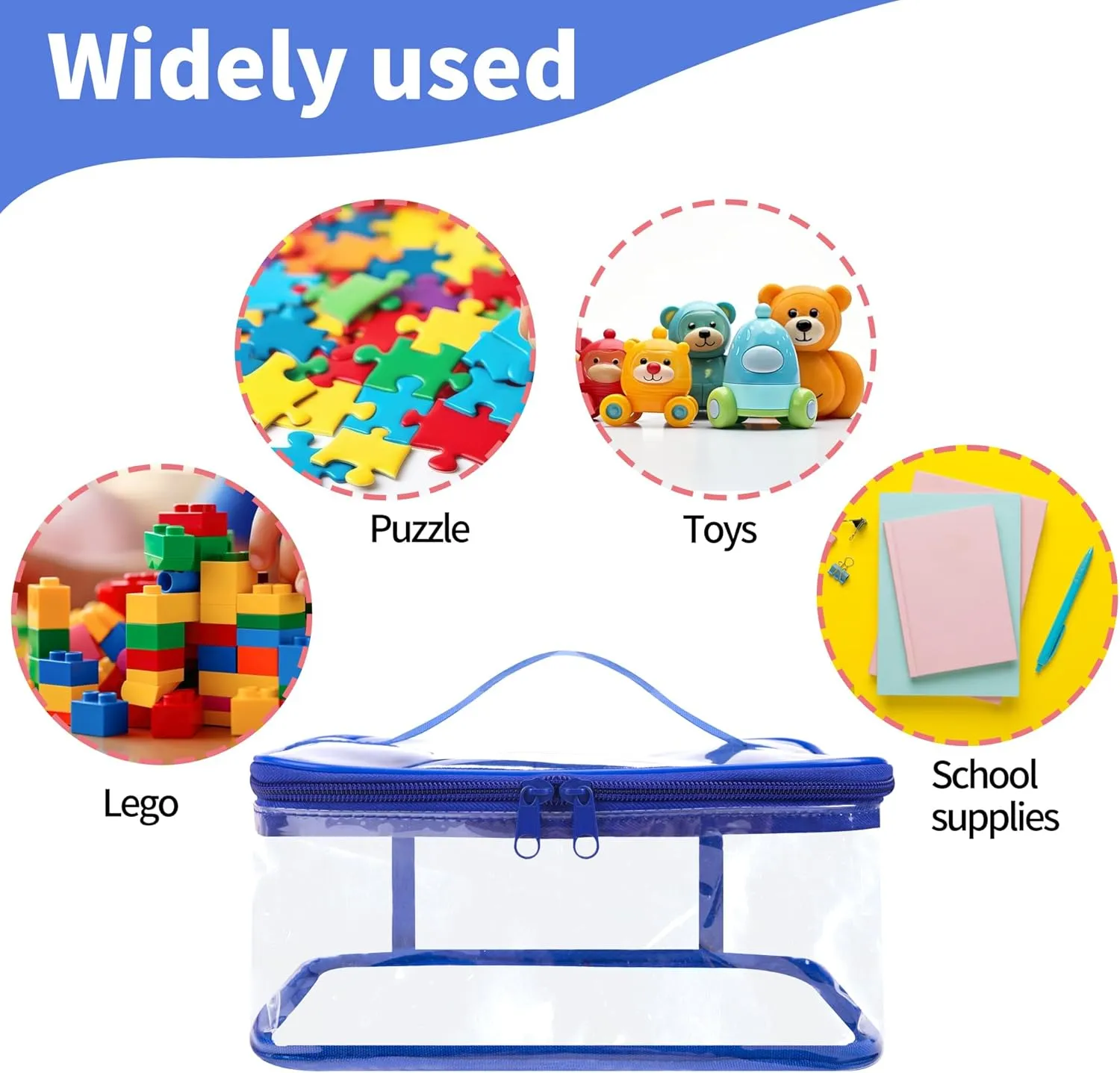3 Packs Clear Toy Storage Bags- 9.4 x 6.7 x 4.3 Inch Transparent PVC Toy Organizing Bags with Zipper- Waterproof Toy Storage Organizer Pouch for Building Blocks, Small Toys (Blue)
