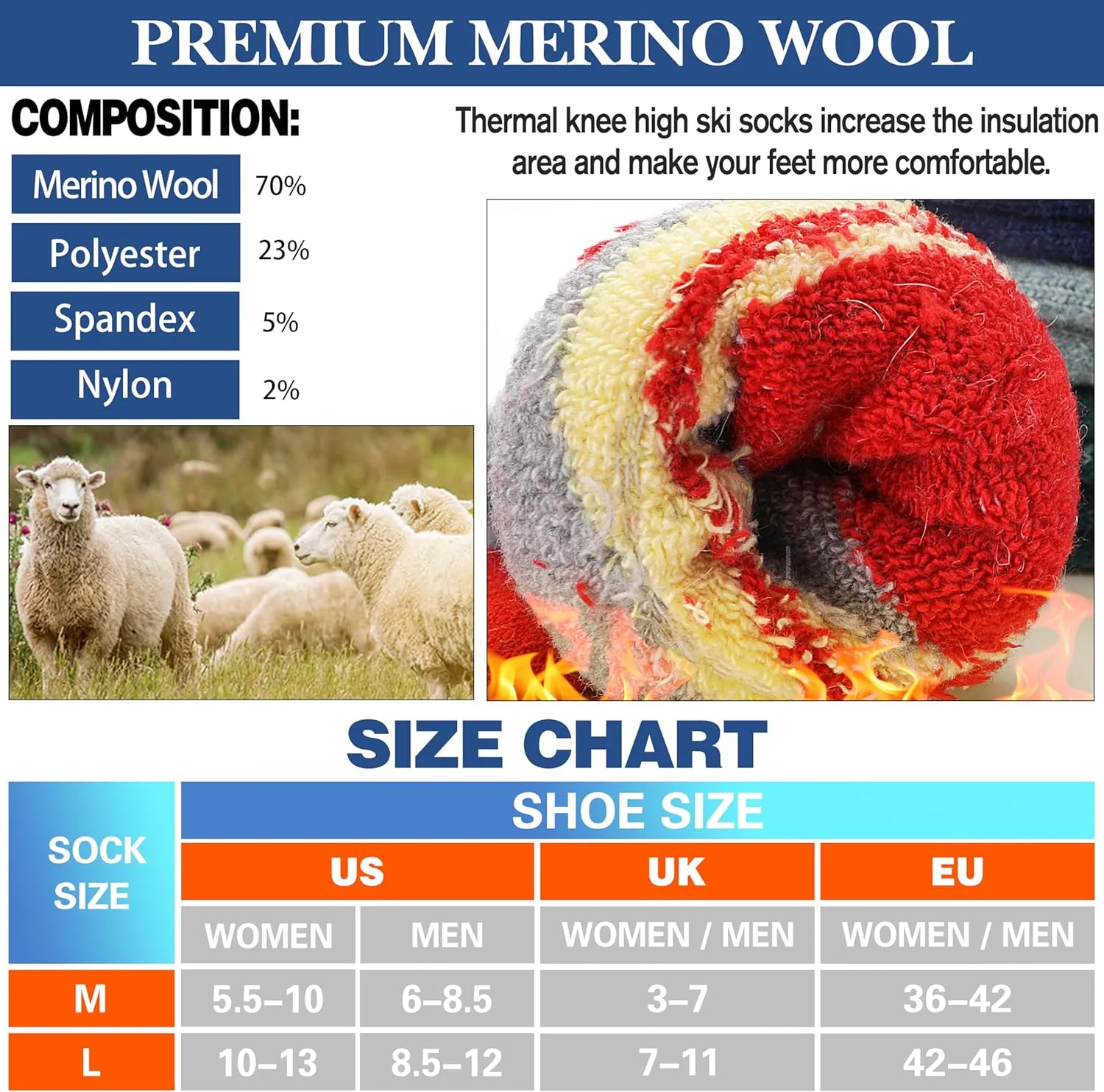 3 Pairs Merino Wool Ski Socks Thermal Warm Winter Thick Knee High Snowboarding Skiing Socks for Women Men