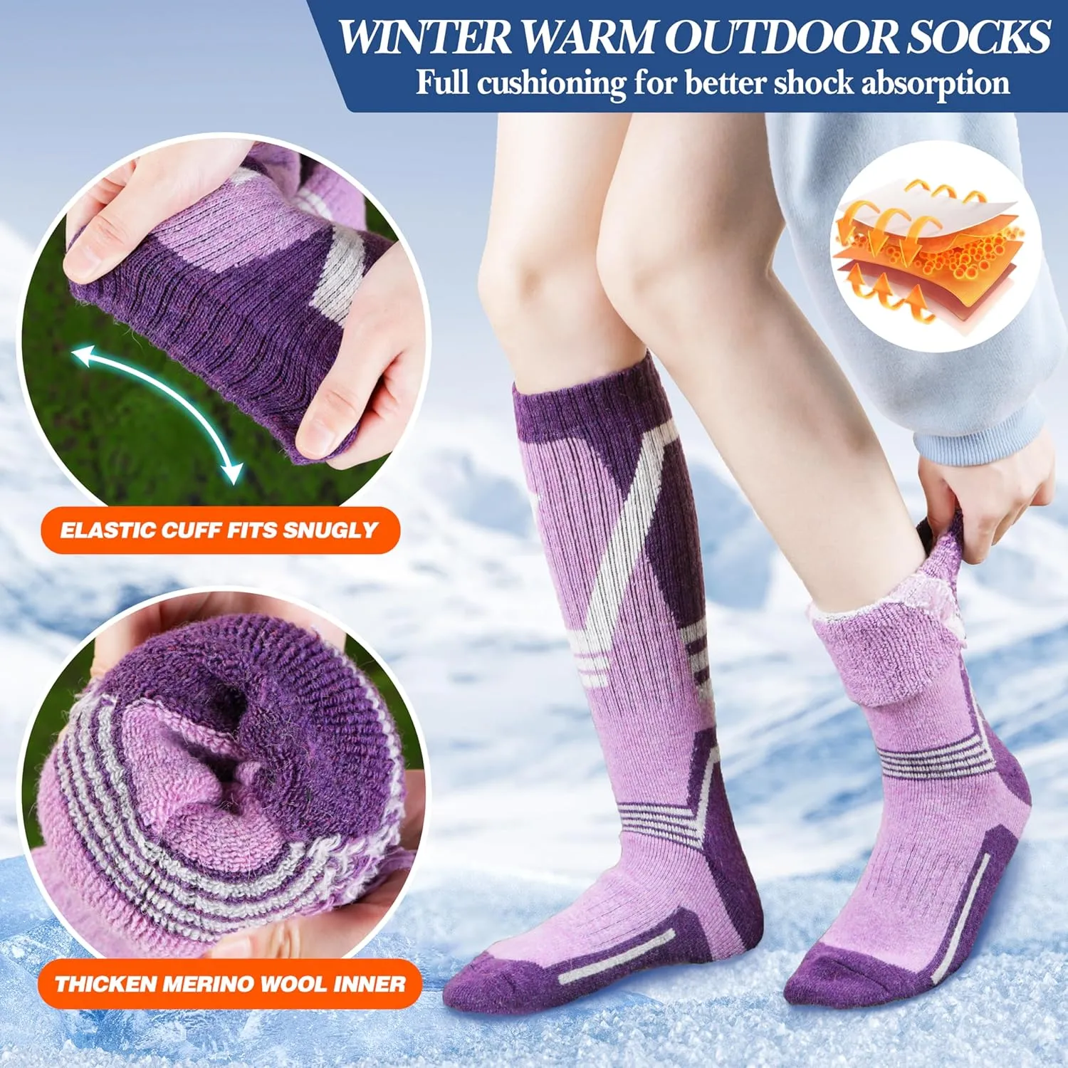 3 Pairs Merino Wool Ski Socks Thermal Warm Winter Thick Knee High Snowboarding Skiing Socks for Women Men