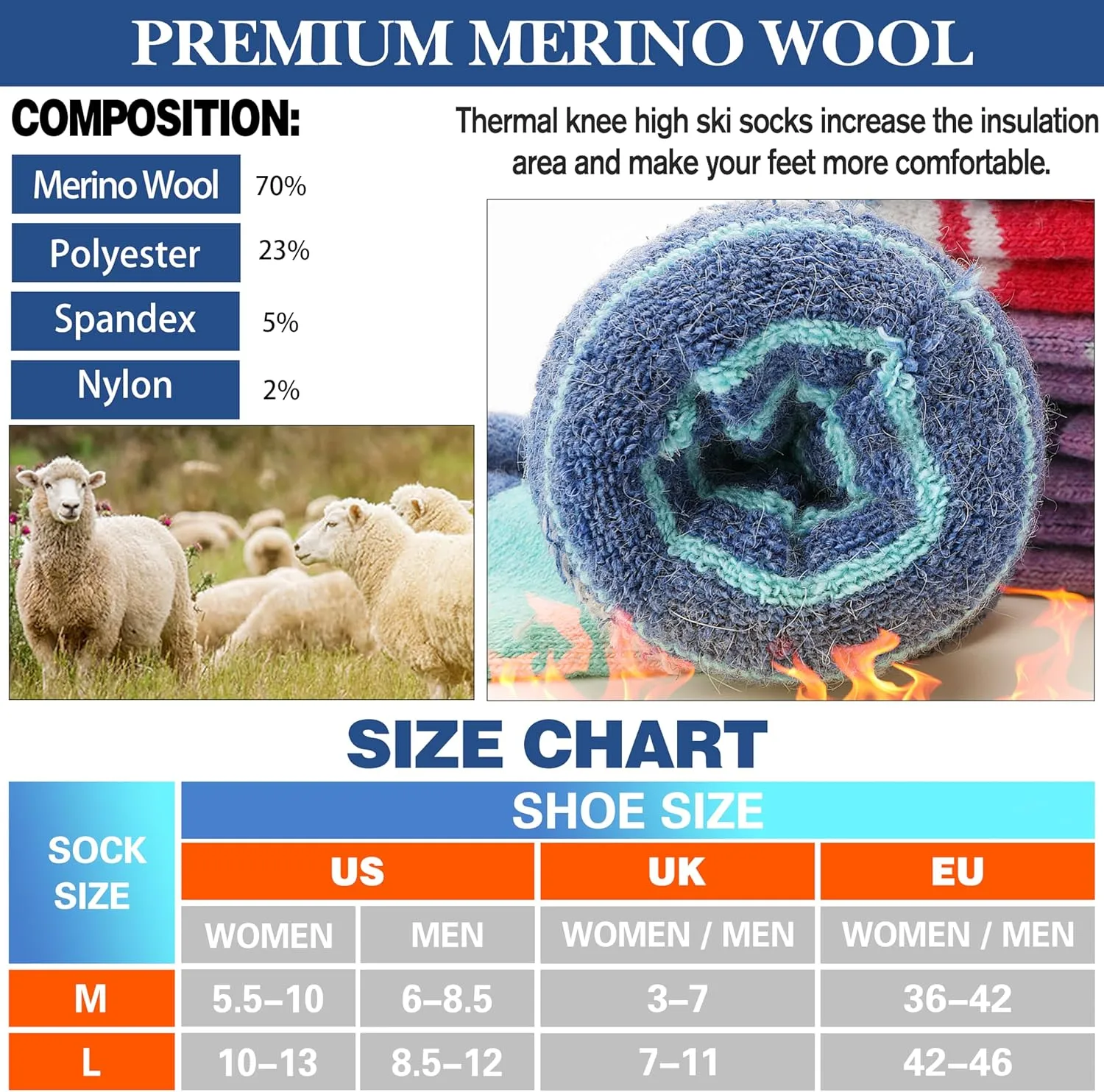 3 Pairs Merino Wool Ski Socks Thermal Warm Winter Thick Knee High Snowboarding Skiing Socks for Women Men
