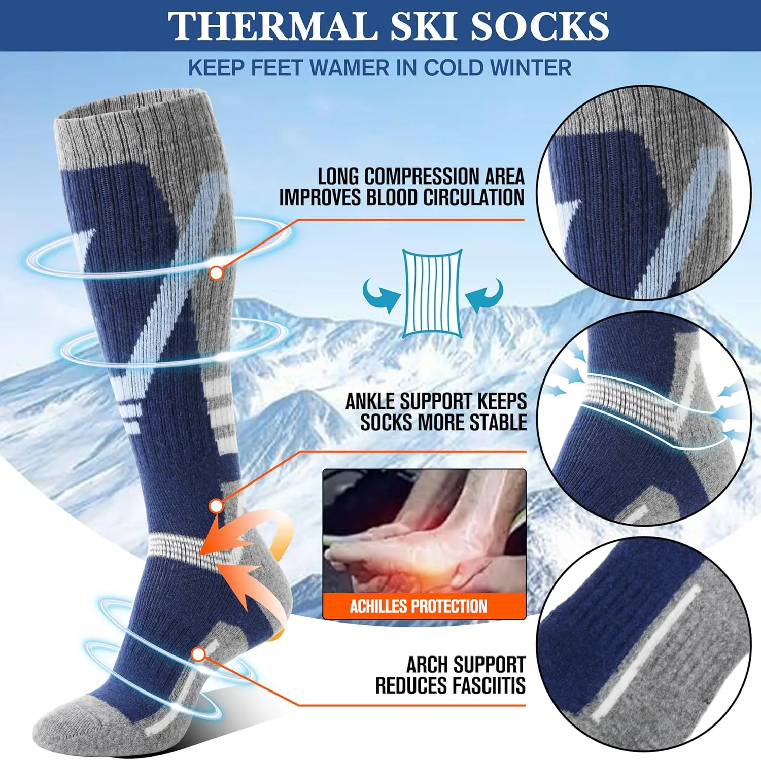 3 Pairs Merino Wool Ski Socks Thermal Warm Winter Thick Knee High Snowboarding Skiing Socks for Women Men
