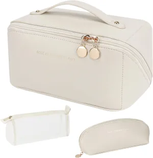 3 pcs Travel Makeup Bag for Women Large Capacity Cosmetic Bags Open Flat Toiletry Bags Organizer make up Bag Set of 3 Waterproof Portable Pouch PU Leather with Divider and Handle (White)