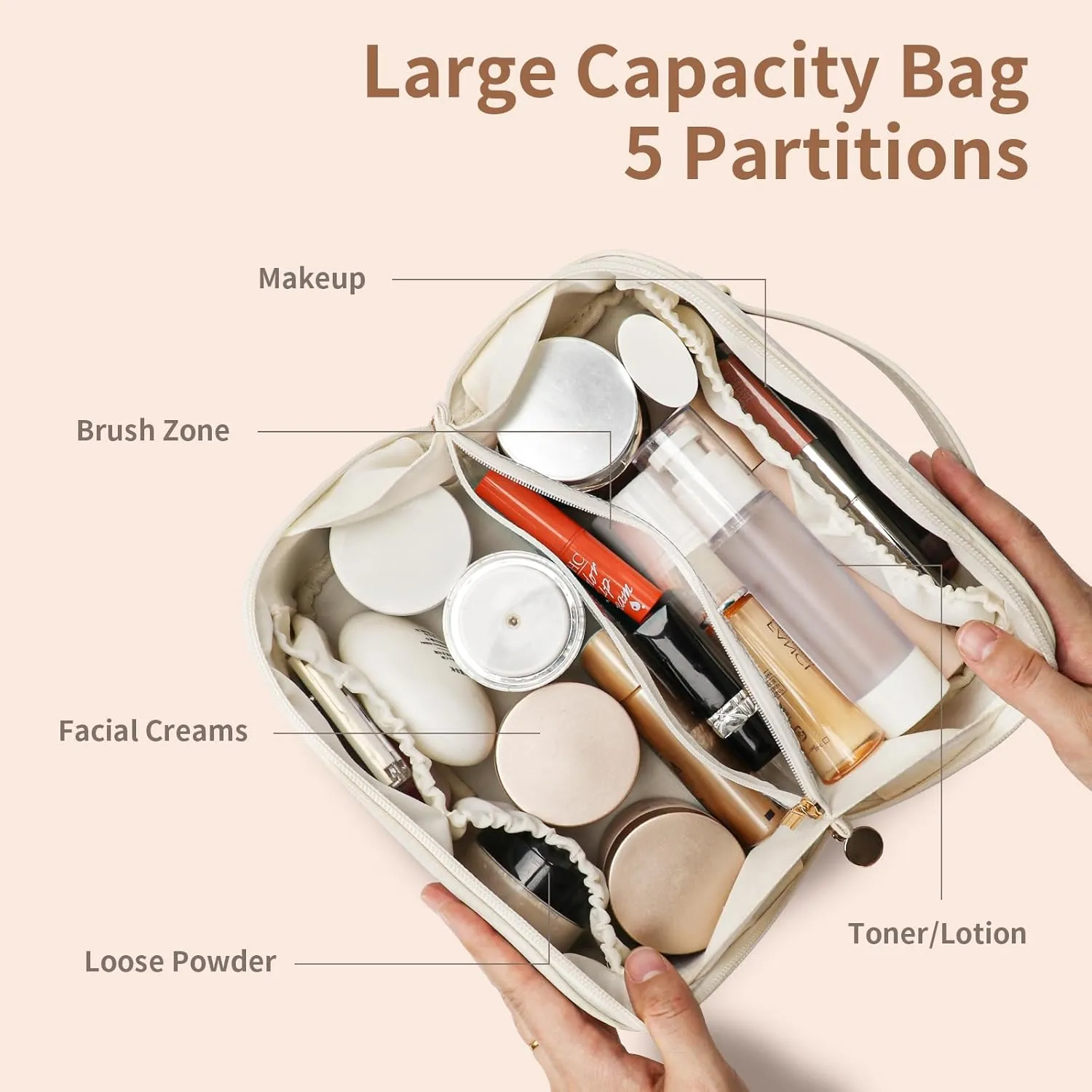 3 pcs Travel Makeup Bag for Women Large Capacity Cosmetic Bags Open Flat Toiletry Bags Organizer make up Bag Set of 3 Waterproof Portable Pouch PU Leather with Divider and Handle (White)