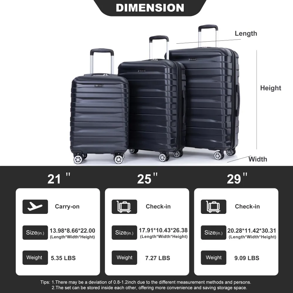 3-Piece Expandable Luggage Set (21"/25"/29") - PC Lightweight Hardshell Suitcases with Lock, Double Spinner Wheels & 2 Utility Hooks - Sand Color Carry-On & Checked Luggage (Black   PC)