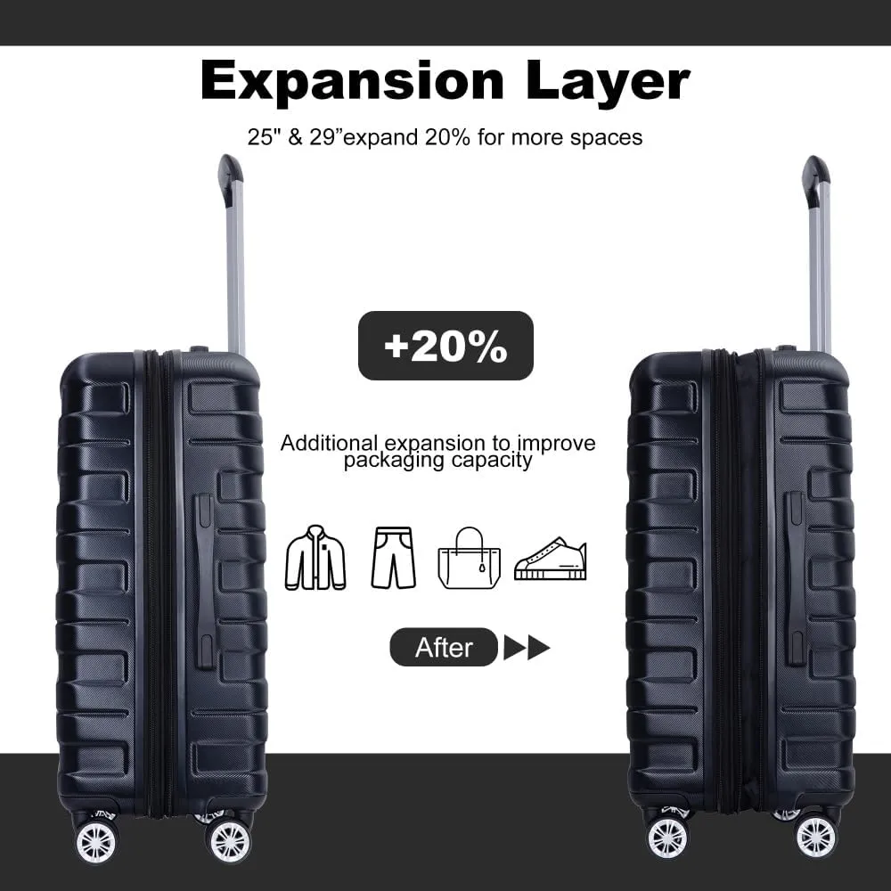 3-Piece Expandable Luggage Set (21"/25"/29") - PC Lightweight Hardshell Suitcases with Lock, Double Spinner Wheels & 2 Utility Hooks - Sand Color Carry-On & Checked Luggage (Black   PC)