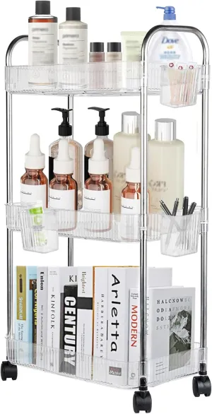 3 Tier Rolling Cart, Acrylic Rolling Storage Cart with Makeup Brush Holder & Lockable Wheel, Utility Cart for Makeup Skincare Cosmetic, Storage and Organization for Bathroom Office Bedroom