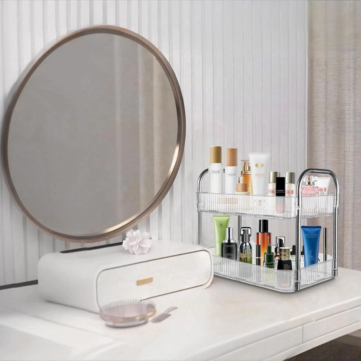 3 Tier Rolling Cart, Acrylic Rolling Storage Cart with Makeup Brush Holder & Lockable Wheel, Utility Cart for Makeup Skincare Cosmetic, Storage and Organization for Bathroom Office Bedroom