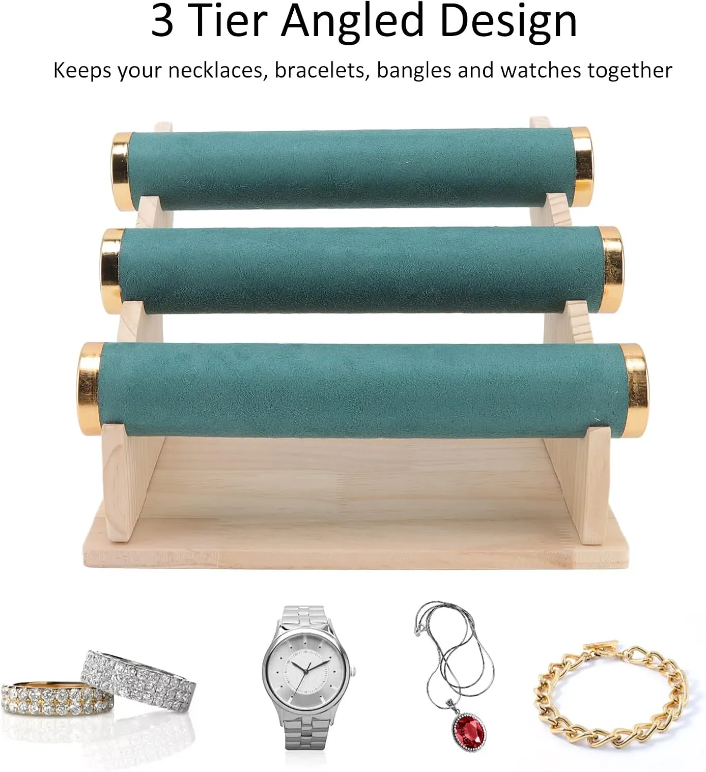 3 Tiers Bracelet Holder,Velvet Bracelet Holder with 3 Tier Rack,Detachable Jewelry Display Stand Necklace Display Holder ith Wooden Tray for Watch Home Shop (green)