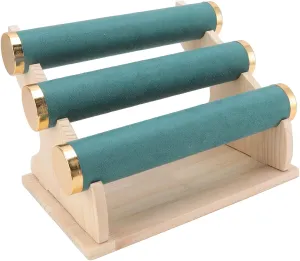 3 Tiers Bracelet Holder,Velvet Bracelet Holder with 3 Tier Rack,Detachable Jewelry Display Stand Necklace Display Holder ith Wooden Tray for Watch Home Shop (green)