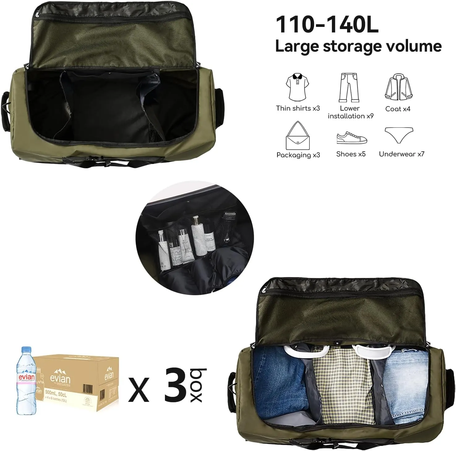 32" Soft-Sided Wheeled Luggage Bag,110L Expandable 140L Rolling Duffle Bag,Foldable Large Travel Bags with 2 Wheels,No Telescope Handle,Army Green