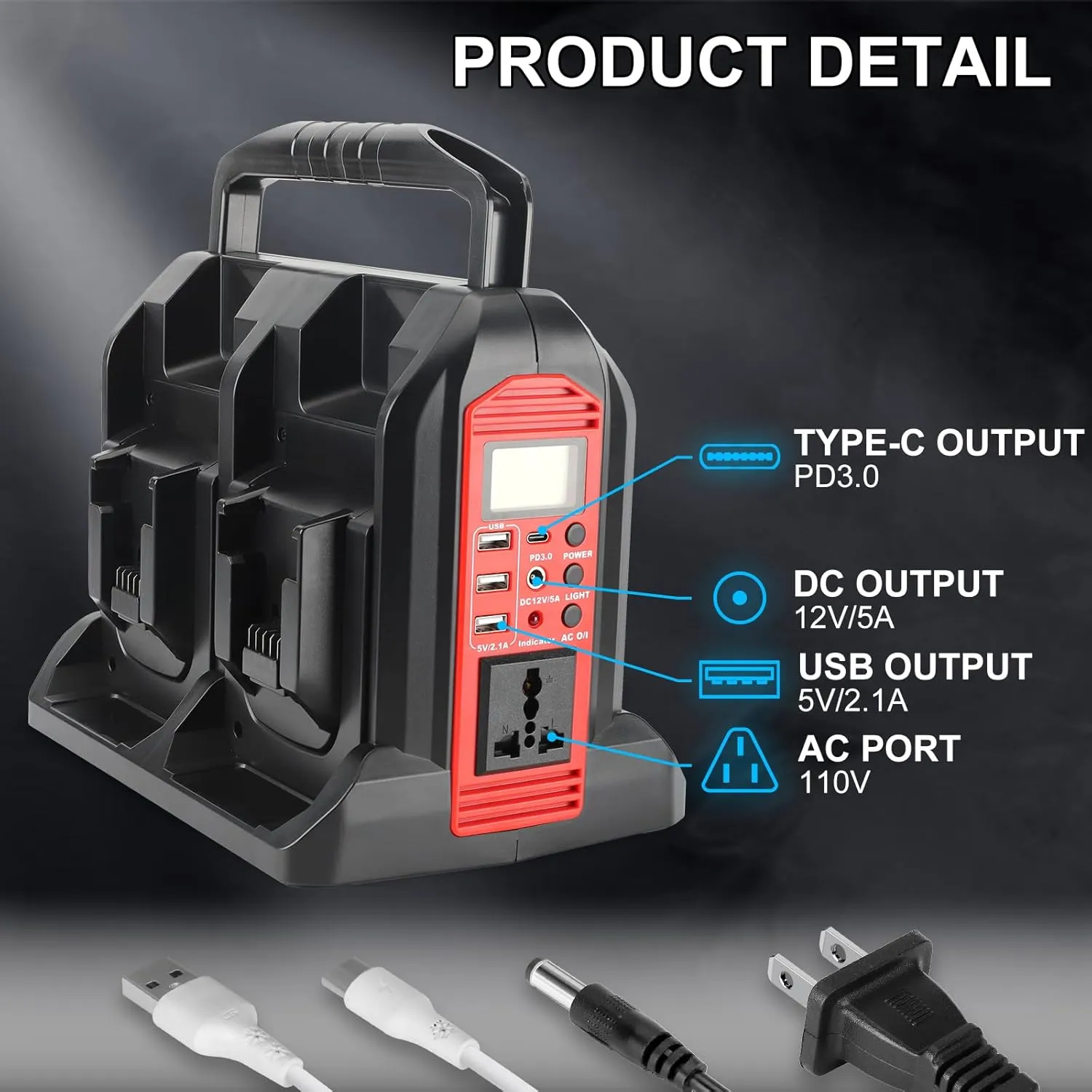 350W Inverter for Milwaukee 18V Li-ion Battery, 4-Port 20V to 120V Pure Sine Wave Inverter with LED Light, 3 USB-A Port, 1 USB-C Port, 1 DC Port, Power Station for Outdoor Camping(No Battery)