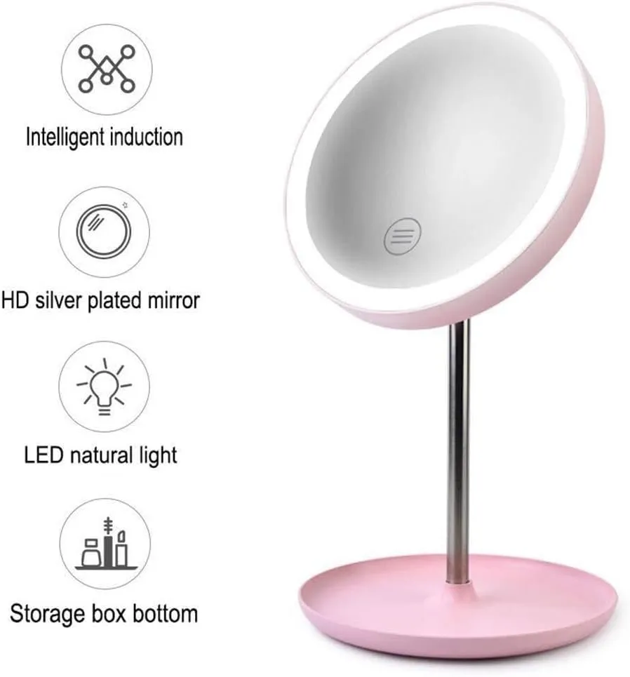 360° Adjustable LED Lighted Makeup Mirror, Three-Tone Lighting, Portable Vanity Mirror, Touch Control, USB/Battery Operated, Pink