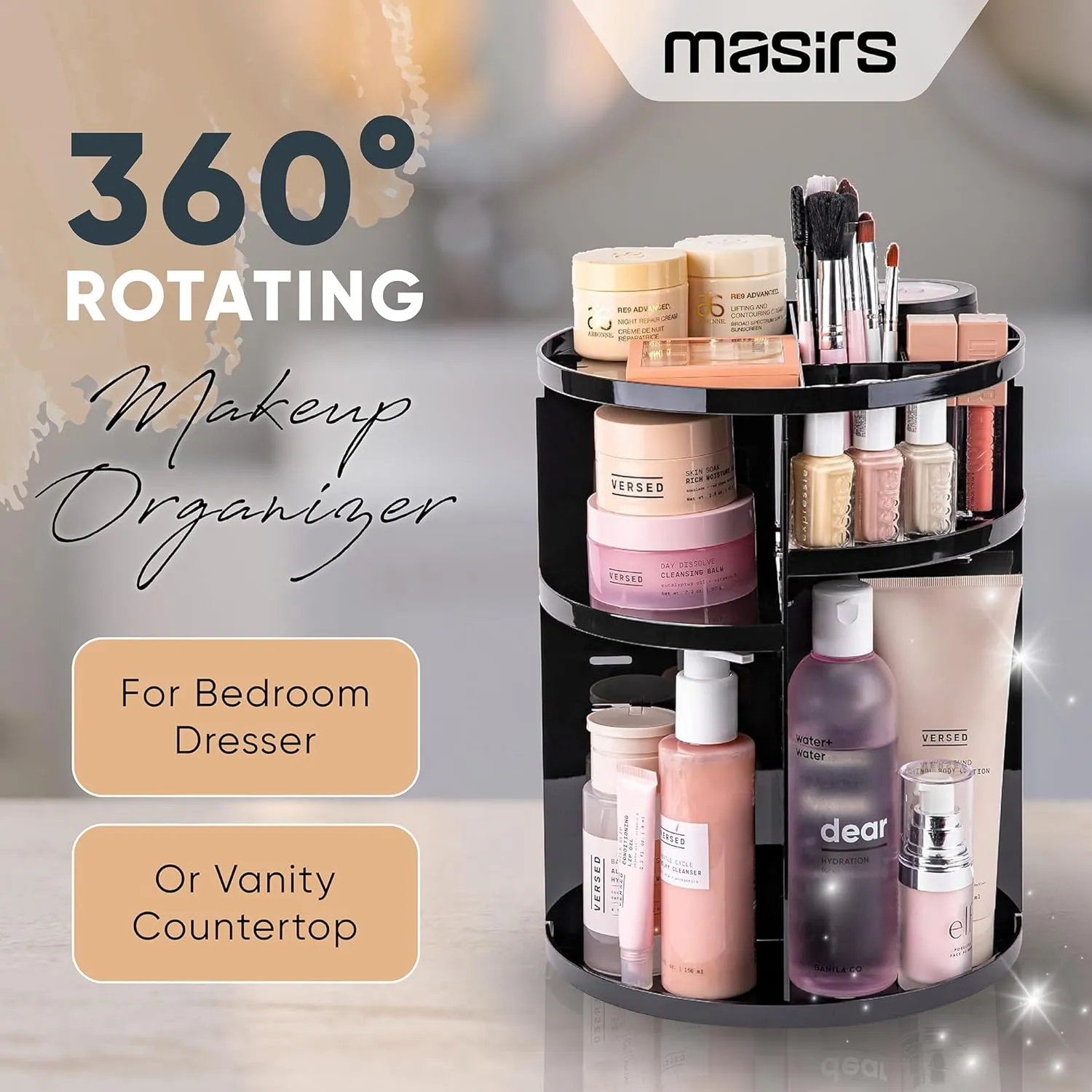 360 Rotating Makeup Organizer - Adjustable Shelf Height and Fully Rotatable. The Perfect Cosmetic Organizer for Bedroom Dresser or Vanity Countertop. (Black)
