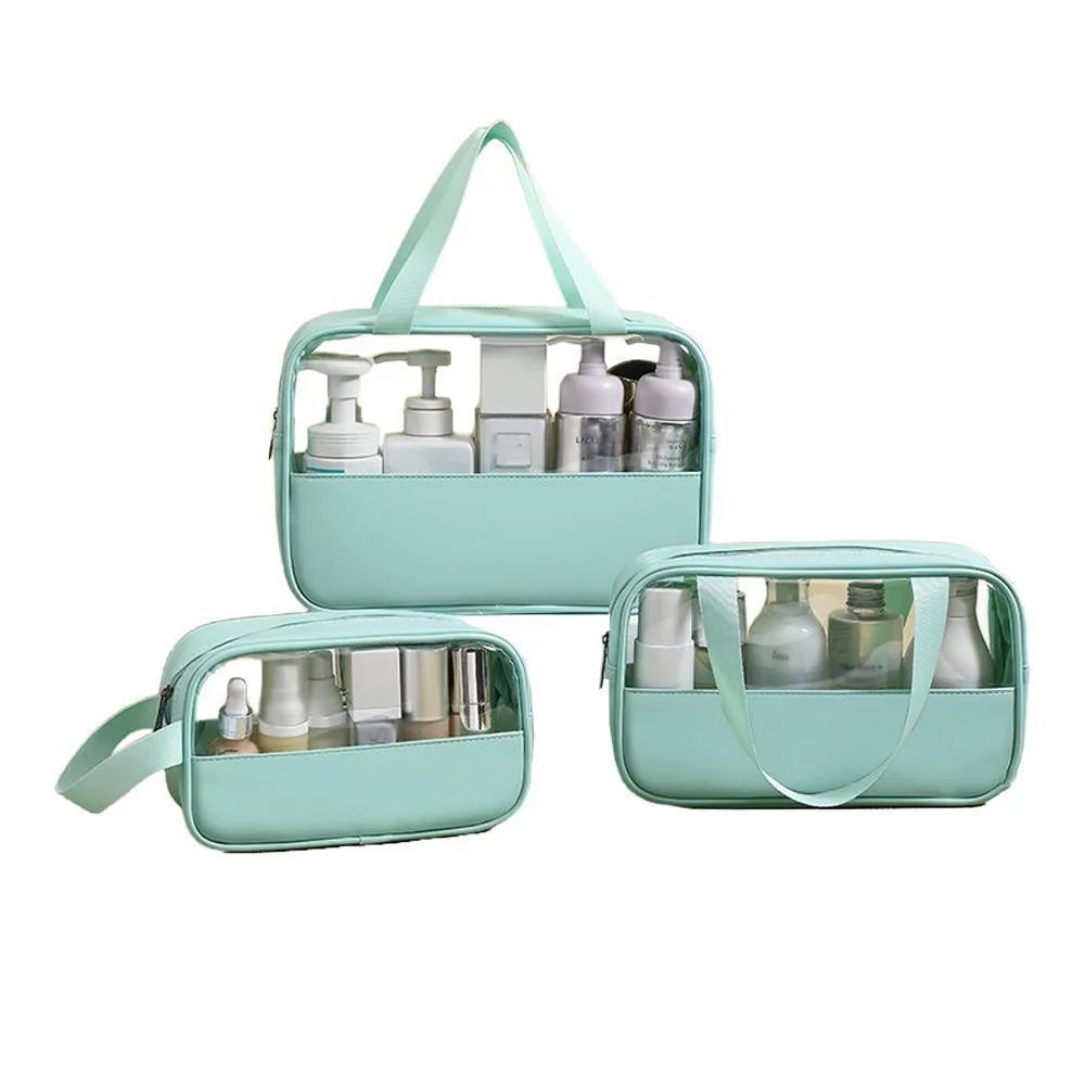 3pcs Large Capacity Waterproof Makeup Bag Set Translucent PU Travel Storage Bag