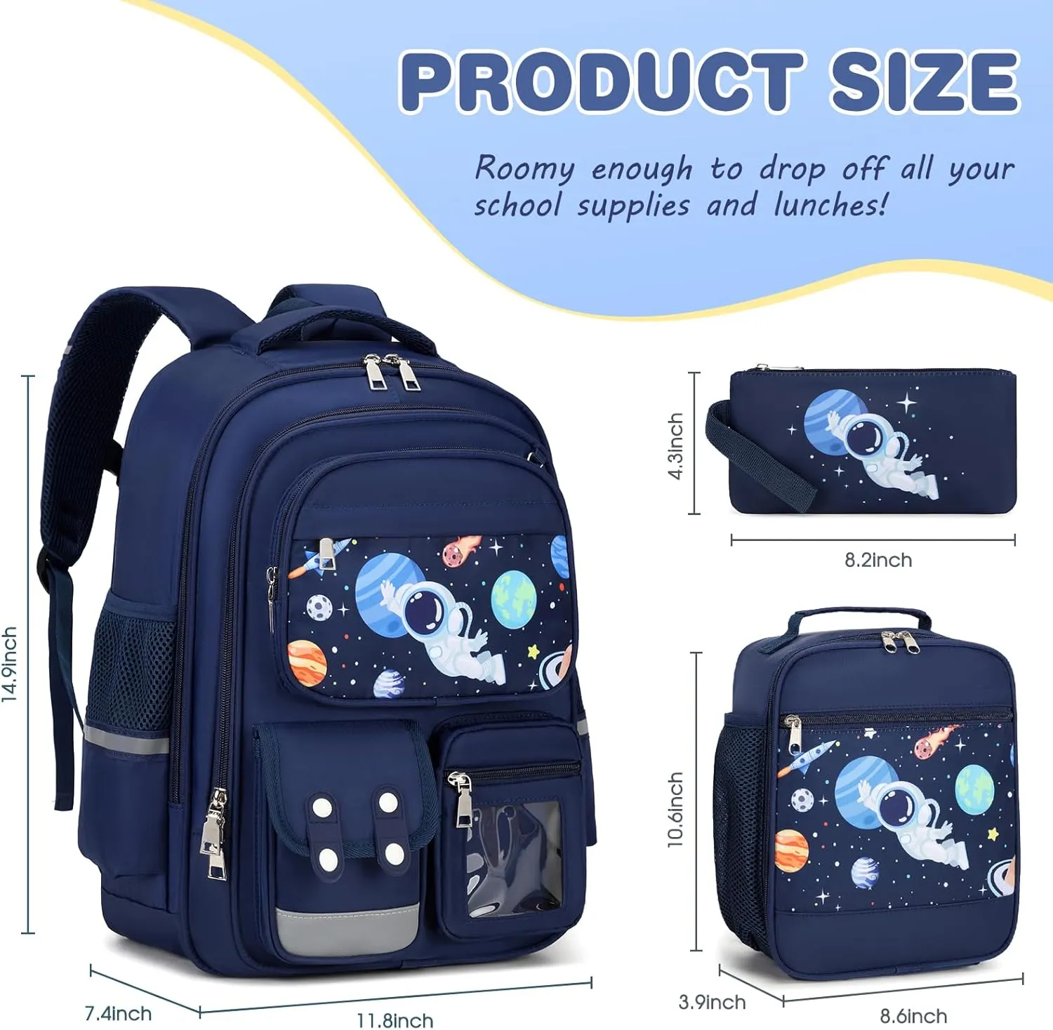 3PCS School Backpacks for Boys & Kids with Lunch Box & Pencil Case, Cool Space Astronaut Backpack for Boys & Girls, Schoolbag Bookbag for Kindergarten to High School