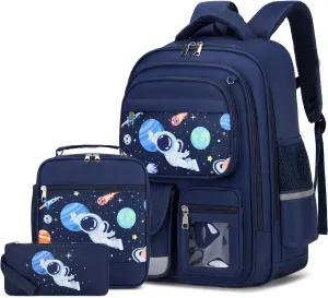 3PCS School Backpacks for Boys & Kids with Lunch Box & Pencil Case, Cool Space Astronaut Backpack for Boys & Girls, Schoolbag Bookbag for Kindergarten to High School