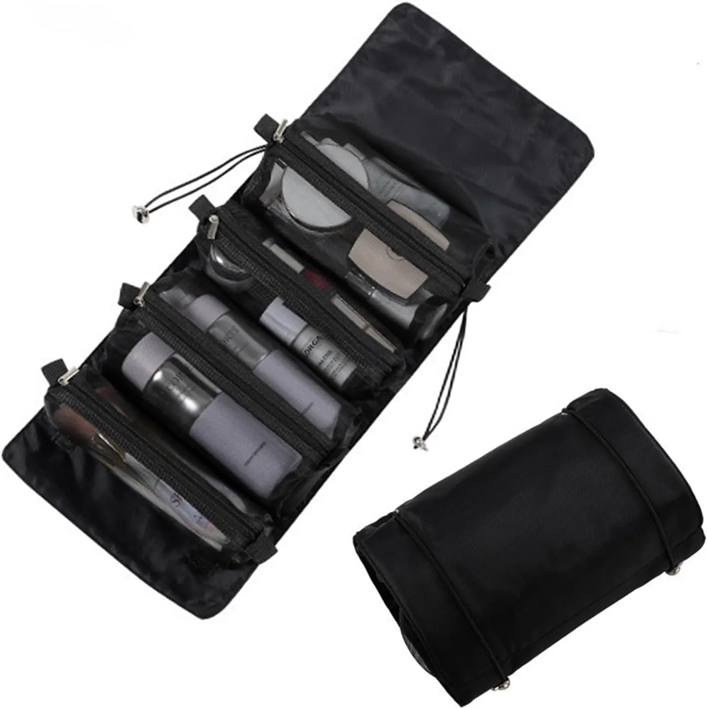 4 in 1 Detachable Cosmefic Bag, Roll Up Makeup Organizer Bag Toiletry Bag, Folding Cosmetic Travel Bags with for Gym Camping Grooming (Black)