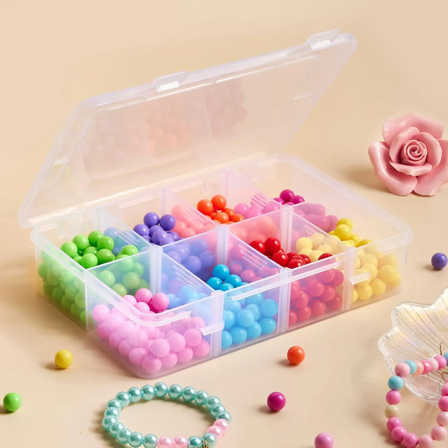 4 Pack 8 Grids Bead Organizer and Storage, Clear Plastic Storage Containers with Removable Dividers and Labels Small Tackle Box Organizer for Jewelry Crafts Electronics Small Parts