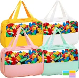 4 Packs Large Toy Storage Bags with Zipper, PU Leather Toy Organizer Bag with Labels for Building Blocks, 11.8″×7.9″×3.6″ Travel Waterproof Organizer Bags for Puzzles, Cosmetics, Stationery（4 Colors）