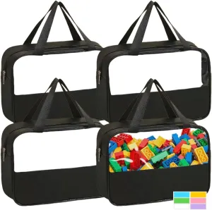 4 Packs Large Toy Storage Bags with Zipper, Reusable PU Leather Toy Organizer Bag with Labels for Building Blocks, 11.8″×7.9″×3.6″ Travel Organizer Bags for Puzzles, Cosmetics, Stationery （Black）