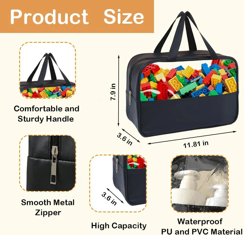4 Packs Large Toy Storage Bags with Zipper, Reusable PU Leather Toy Organizer Bag with Labels for Building Blocks, 11.8″×7.9″×3.6″ Travel Organizer Bags for Puzzles, Cosmetics, Stationery （Black）